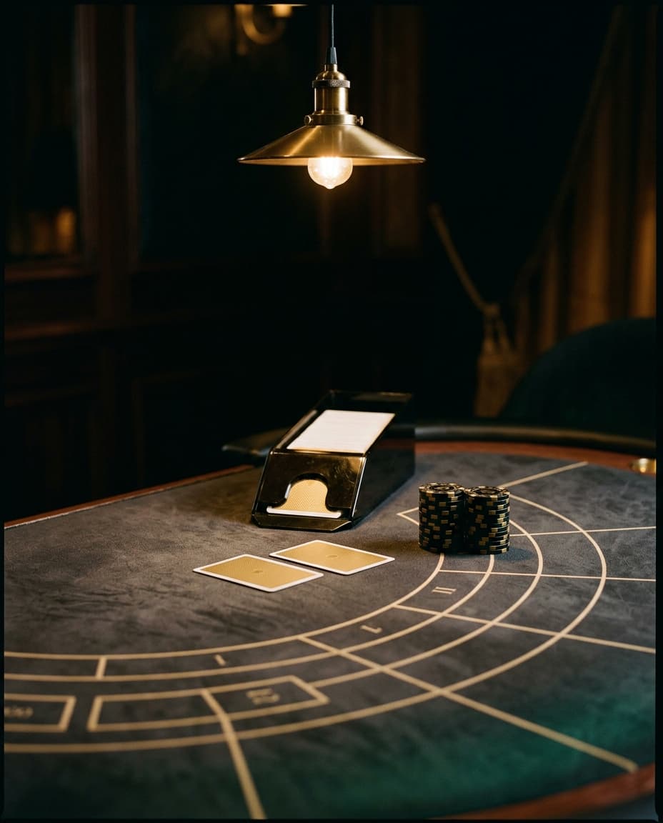 An elegant baccarat table with a lacquered card shoe and gold-trimmed gaming plaques