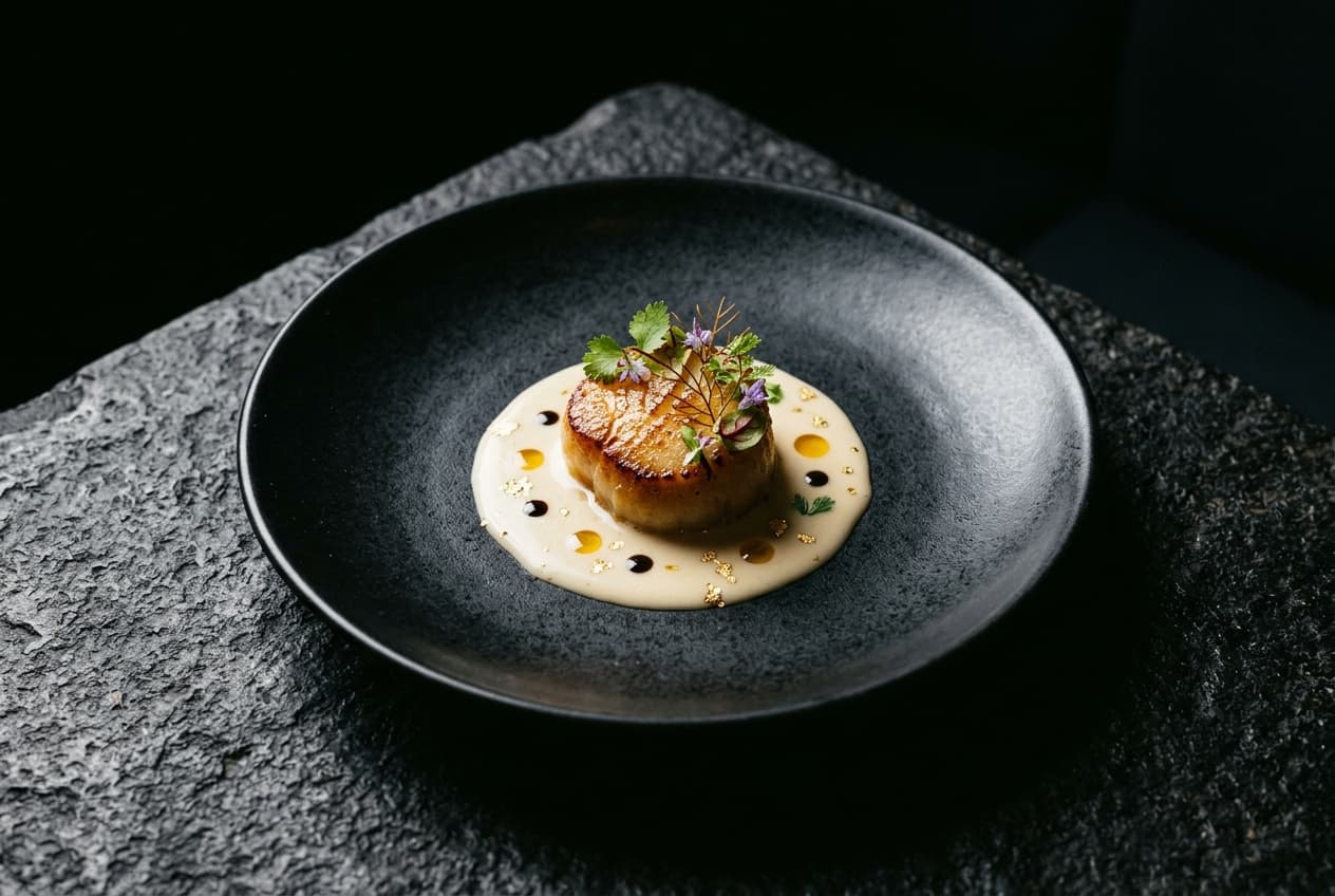 A precisely plated tasting menu course on matte black ceramic under a single key light