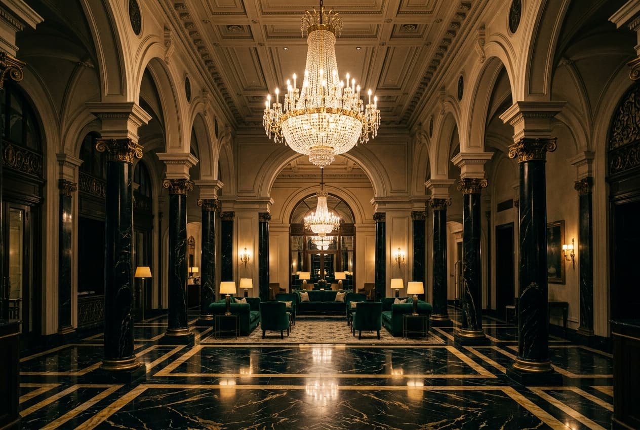 The grand lobby of the hotel at night, with a crystal chandelier above black and gold marble