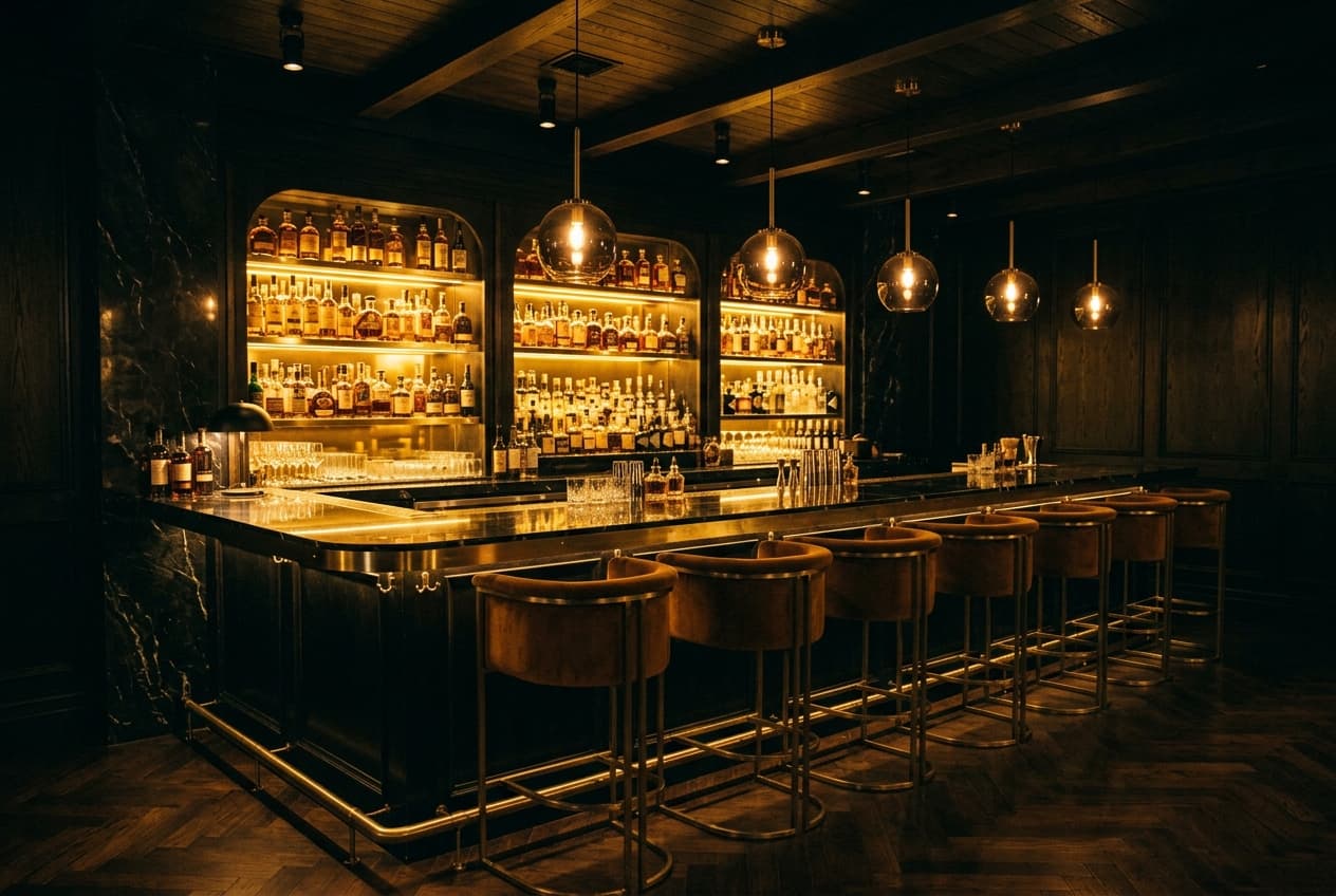 A dark luxury cocktail bar with backlit amber bottles and a polished black marble counter