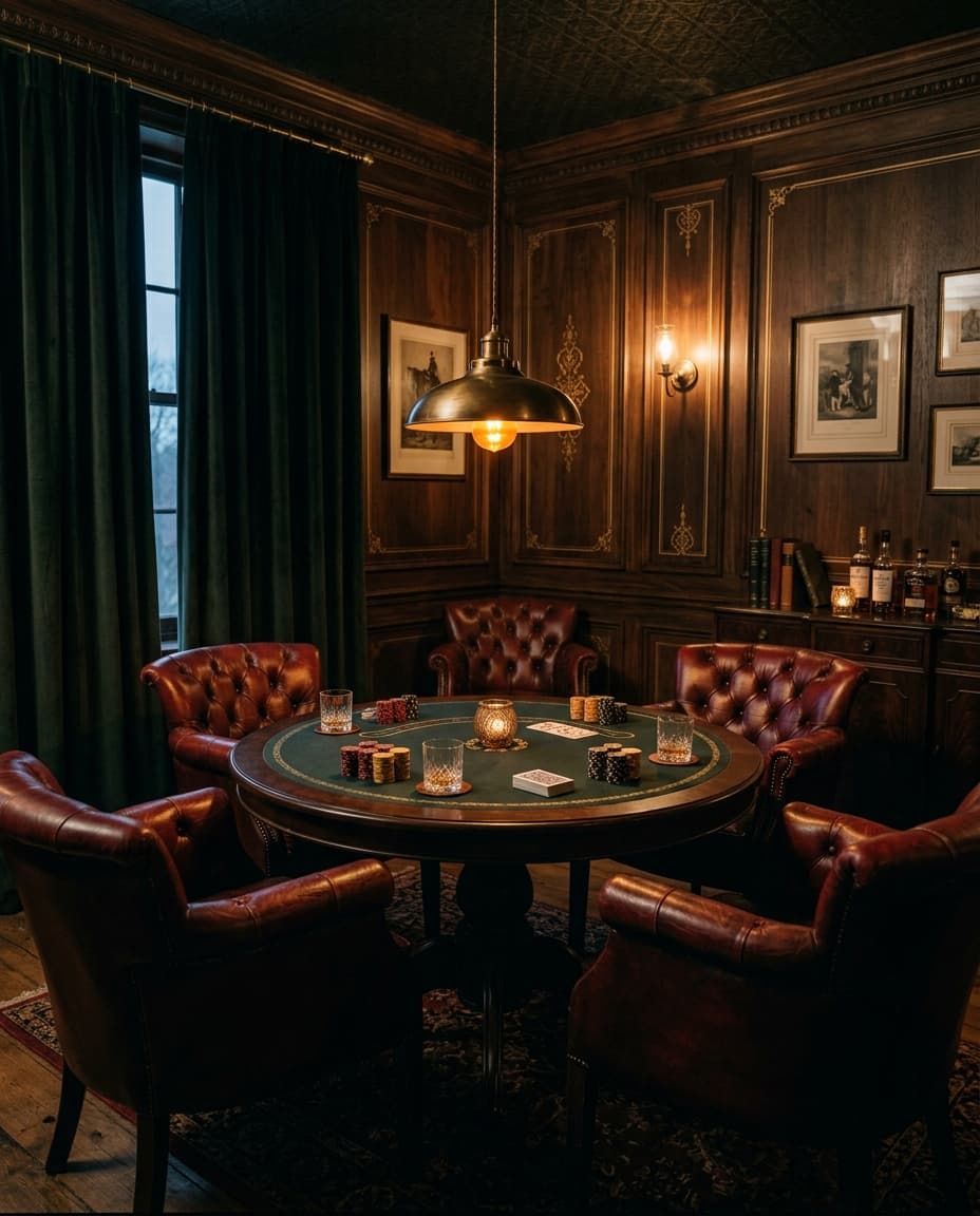 An intimate private gaming salon with a single card table and oxblood leather armchairs