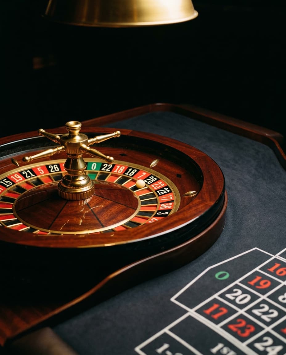 A polished mahogany and brass roulette wheel lit by a single warm overhead light
