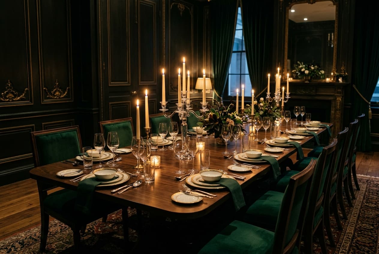 A candlelit private dining room with a long walnut table, crystal glassware and emerald velvet chairs